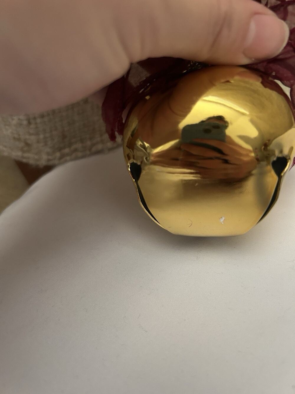 NWT Pottery Barn Jingle Bell Gold Brass With Red Bow Ornament 3"